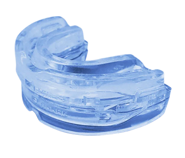 Close-up of the clear blue Sleepzee anti-snoring mouthpiece