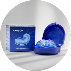 Sleepzee mouthpiece and blue case shown together in a circular product photograph